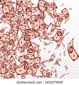 Russian ruble notes falling. Messy RUB bills on transparent background. Russia money. Bewitching vector illustration. Modern jackpot, wealth or success concept.