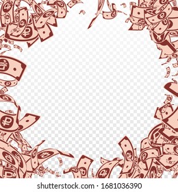 Russian ruble notes falling. Messy RUB bills on transparent background. Russia money. Bewitching vector illustration. Impressive jackpot, wealth or success concept.