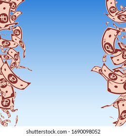 Russian ruble notes falling. Messy RUB bills on blue sky background. Russia money. Bewitching vector illustration. Powerful jackpot, wealth or success concept.