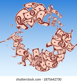 Russian ruble notes falling. Messy RUB bills on blue sky background. Russia money. Bizarre vector illustration. Fabulous jackpot, wealth or success concept.