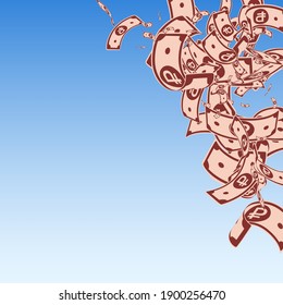 Russian ruble notes falling. Messy RUB bills on blue sky background. Russia money. Bold vector illustration. Pretty jackpot, wealth or success concept.