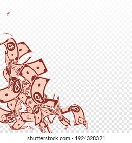 Russian ruble notes falling. Messy RUB bills on transparent background. Russia money. Bewitching vector illustration. Curious jackpot, wealth or success concept.