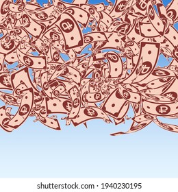 Russian ruble notes falling. Messy RUB bills on blue sky background. Russia money. Bold vector illustration. Juicy jackpot, wealth or success concept.