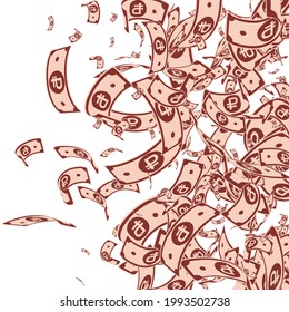 Russian ruble notes falling. Messy RUB bills on white background. Russia money. Bizarre vector illustration. Awesome jackpot, wealth or success concept.