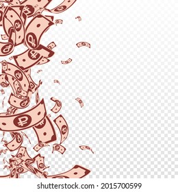 Russian ruble notes falling. Messy RUB bills on transparent background. Russia money. Bizarre vector illustration. Lively jackpot, wealth or success concept.
