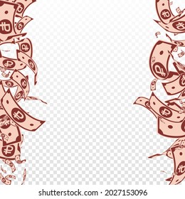 Russian ruble notes falling. Messy RUB bills on transparent background. Russia money. Bewitching vector illustration. Precious jackpot, wealth or success concept.