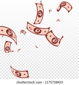 Russian ruble notes falling. Random RUB bills on transparent background. Russia money. Bewitching vector illustration. Surprising jackpot, wealth or success concept.