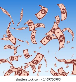 Russian ruble notes falling. Random RUB bills on blue sky background. Russia money. Bewitching vector illustration. Beauteous jackpot, wealth or success concept.