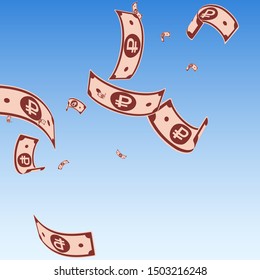 Russian ruble notes falling. Random RUB bills on blue sky background. Russia money. Bewitching vector illustration. Superb jackpot, wealth or success concept.