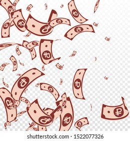 Russian ruble notes falling. Random RUB bills on transparent background. Russia money. Bewitching vector illustration. Noteworthy jackpot, wealth or success concept.