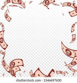 Russian ruble notes falling. Random RUB bills on transparent background. Russia money. Bewitching vector illustration. Interesting jackpot, wealth or success concept.