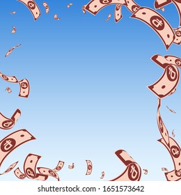 Russian ruble notes falling. Random RUB bills on blue sky background. Russia money. Bewitching vector illustration. Fetching jackpot, wealth or success concept.