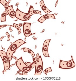 Russian ruble notes falling. Random RUB bills on white background. Russia money. Bewitching vector illustration. Optimal jackpot, wealth or success concept.