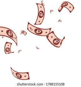 Russian ruble notes falling. Random RUB bills on white background. Russia money. Bewitching vector illustration. Symmetrical jackpot, wealth or success concept.