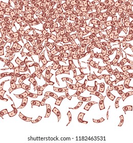 Russian ruble notes falling. Small RUB bills on white background. Russia money. Bold vector illustration. Ideal jackpot, wealth or success concept.