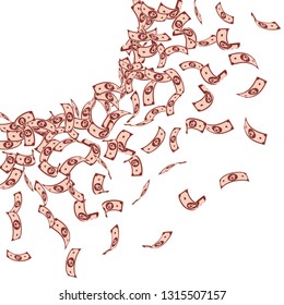 Russian ruble notes falling. Small RUB bills on white background. Russia money. Bewitching vector illustration. Trending jackpot, wealth or success concept.