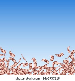 Russian ruble notes falling. Small RUB bills on blue sky background. Russia money. Beautiful vector illustration. Fair jackpot, wealth or success concept.