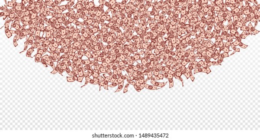 Russian ruble notes falling. Small RUB bills on transparent background. Russia money. Breathtaking vector illustration. Fine jackpot, wealth or success concept.