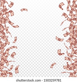 Russian ruble notes falling. Small RUB bills on transparent background. Russia money. Bewitching vector illustration. Radiant jackpot, wealth or success concept.