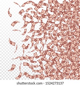 Russian ruble notes falling. Small RUB bills on transparent background. Russia money. Bizarre vector illustration. Breathtaking jackpot, wealth or success concept.