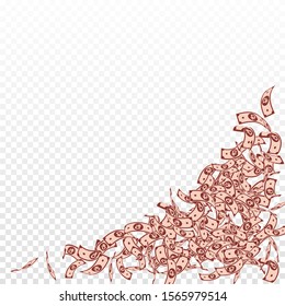 Russian ruble notes falling. Small RUB bills on transparent background. Russia money. Bewitching vector illustration. Exceptional jackpot, wealth or success concept.