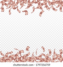 Russian ruble notes falling. Small RUB bills on transparent background. Russia money. Bewitching vector illustration. Adorable jackpot, wealth or success concept.