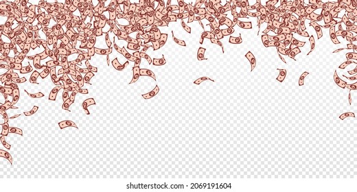 Russian ruble notes falling. Small RUB bills on transparent background. Russia money. Breathtaking vector illustration. Brilliant jackpot, wealth or success concept.