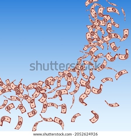 Russian ruble notes falling. Small RUB bills on blue sky background. Russia money. Beautiful vector illustration. Terrific jackpot, wealth or success concept.