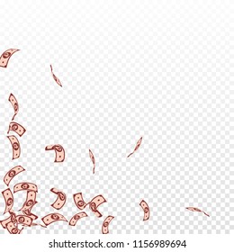 Russian ruble notes falling. Sparse RUB bills on transparent background. Russia money. Bizarre vector illustration. Terrific jackpot, wealth or success concept.
