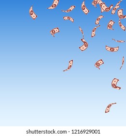 Russian ruble notes falling. Sparse RUB bills on blue sky background. Russia money. Bold vector illustration. Energetic jackpot, wealth or success concept.