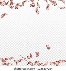 Russian ruble notes falling. Sparse RUB bills on transparent background. Russia money. Bewitching vector illustration. Amazing jackpot, wealth or success concept.