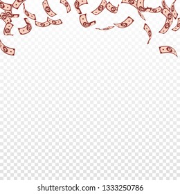 Russian ruble notes falling. Sparse RUB bills on transparent background. Russia money. Beautiful vector illustration. Splendid jackpot, wealth or success concept.