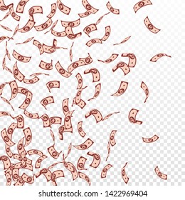 Russian ruble notes falling. Sparse RUB bills on transparent background. Russia money. Bewitching vector illustration. Pleasant jackpot, wealth or success concept.