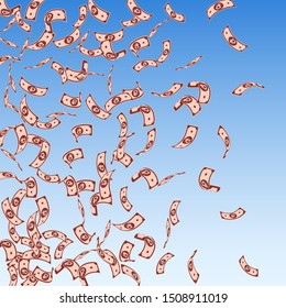Russian ruble notes falling. Sparse RUB bills on blue sky background. Russia money. Bewitching vector illustration. Perfect jackpot, wealth or success concept.
