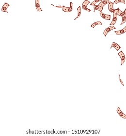 Russian ruble notes falling. Sparse RUB bills on white background. Russia money. Beautiful vector illustration. Popular jackpot, wealth or success concept.