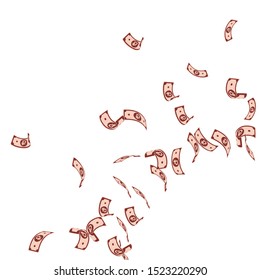 Russian ruble notes falling. Sparse RUB bills on white background. Russia money. Bizarre vector illustration. Amusing jackpot, wealth or success concept.