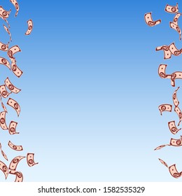 Russian ruble notes falling. Sparse RUB bills on blue sky background. Russia money. Bewitching vector illustration. Ravishing jackpot, wealth or success concept.