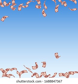 Russian ruble notes falling. Sparse RUB bills on blue sky background. Russia money. Bewitching vector illustration. Alluring jackpot, wealth or success concept.