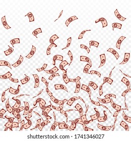 Russian ruble notes falling. Sparse RUB bills on transparent background. Russia money. Bewitching vector illustration. Charming jackpot, wealth or success concept.