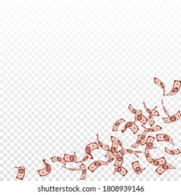 Russian ruble notes falling. Sparse RUB bills on transparent background. Russia money. Bewitching vector illustration. Extra jackpot, wealth or success concept.