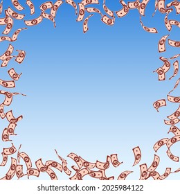 Russian ruble notes falling. Sparse RUB bills on blue sky background. Russia money. Bewitching vector illustration. Gorgeous jackpot, wealth or success concept.