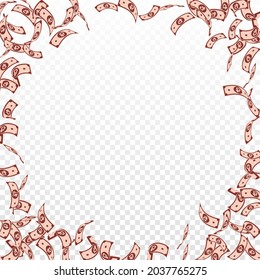 Russian ruble notes falling. Sparse RUB bills on transparent background. Russia money. Bewitching vector illustration. Magnificent jackpot, wealth or success concept.