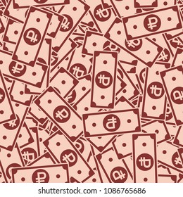Russian ruble notes seamless pattern. Scattered RUB bills. Russia cartoon flat money. Jackpot, wealth or success concept. Vector illustration.