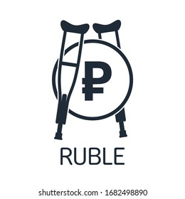 Russian ruble on crutches. The collapse of the Russian currency. Vector icon isolated on white background.