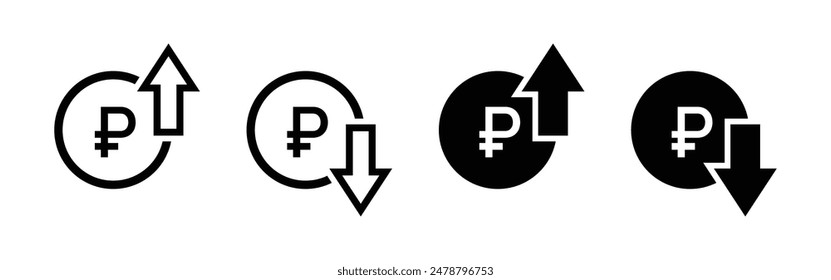 Russian ruble price increasing and decreasing icon set in black and white color. Russian currency rising and falling symbol set. Russian ruble coin with up and down arrow with outline and fill.