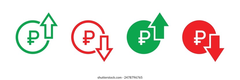 Russian ruble price increasing and decreasing icon set in green and red color. Russian currency rising and falling symbol set. Russian ruble coin with up and down arrow with outline and fill.