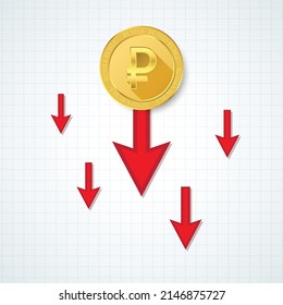 Russian ruble red downfall crisis of economy. Vector illustration.