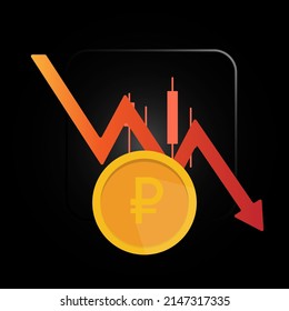 Russian ruble red downfall crisis of economy. Russian economy and national currency market crisis concept. Vector illustration.