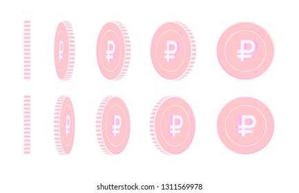 Russian ruble rotating coins set, animation ready. Pink RUB copper coins rotation. Russia metal money. Memorable cartoon vector illustration.
