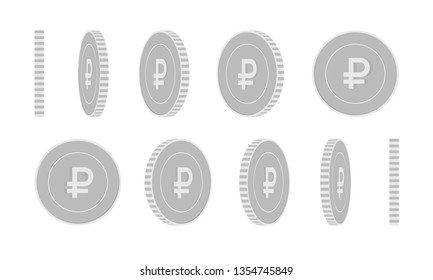 Russian ruble rotating coins set, animation ready. Black and white RUB silver coins rotation. Russia metal money. Posh cartoon vector illustration.